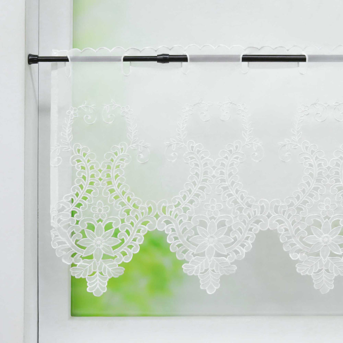 Scheibengardine Modern Bistrogardine durch Tunnelzug Halbtransparent Küche Kurzgardine Lasercut Blumenmuster - Joyswahl